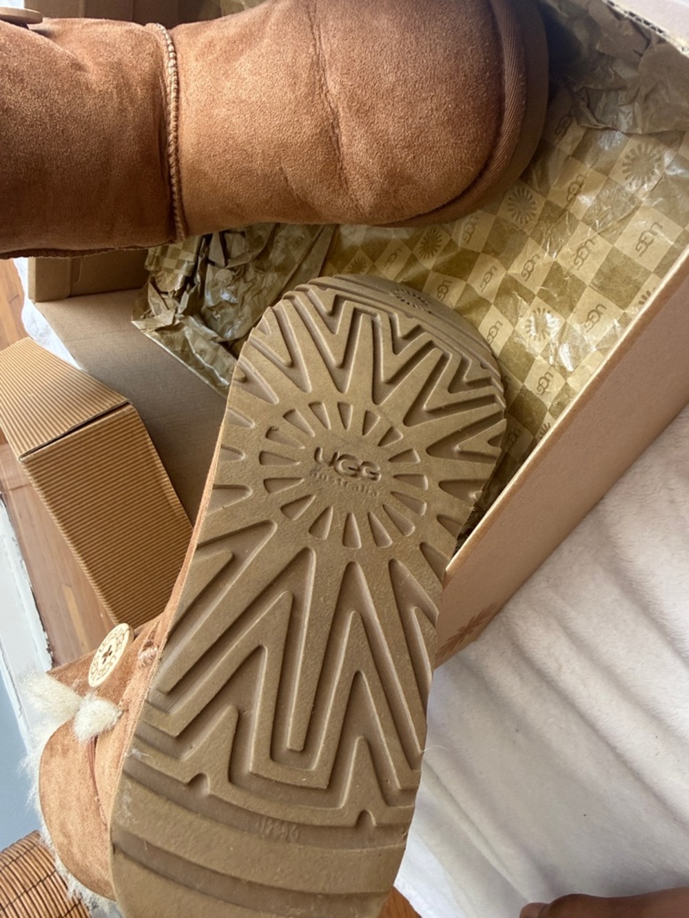 UGG Chestnut Suede Button Mid-Calf Shearling Boots - Picture 6 of 7